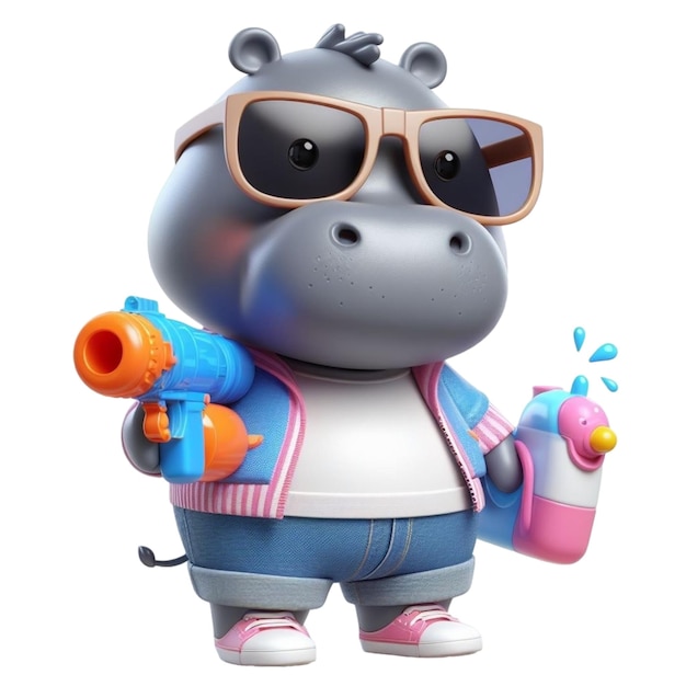 Plik wektorowy hipopotam trzymający zabawkowy pistolet wodny 3d render ilustracja