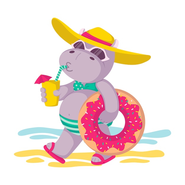 Hipopotam W Kapeluszu I Okularach Przeciwsłonecznych, Z Nadmuchiwanym Kółkiem W Kształcie Pączka I Drinkiem W Dłoni Idzie Na Plażę. Letni Nastrój, Morze, Słońce. Dzieci Ilustracja Na Białym Tle