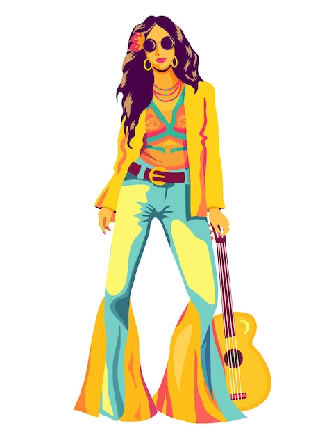 Plik wektorowy hippie dziewczyna trzymająca gitarę w ręku miłość i muzyka hippie dziewczynka z okrągłymi okularami nosi