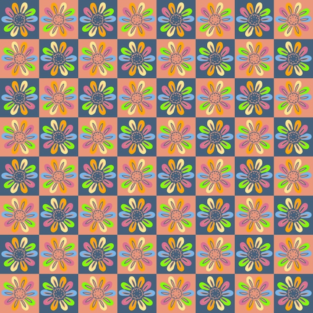Hippie Estetyczny Wzór Z Kwiatami Tęczy Stokrotka Groovy Kwiatowy Tło Dla Tekstylnych Papeterii Papier Pakowy Okładki Doodle Ilustracji Wektorowych Do Wystroju I Projektowania