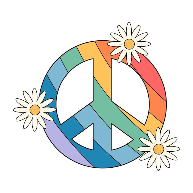 Hippie retro groovy tęcza symbol pokoju z stokrotki Boho psychodeliczny element kreskówki