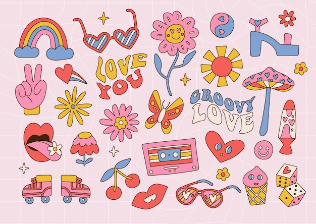 Hippie retro vintage elementy w stylu groovy ss płaski kontur valentine s ikony kolekcja vecto