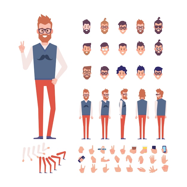 Hipster człowiek do animacji z różnymi fryzurami, twarzami i gestami Wektor widok z przodu z tyłu