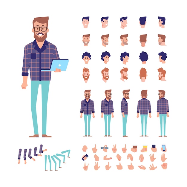 Hipster człowiek do animacji z różnymi fryzurami, twarzami i gestami Wektor widok z przodu z tyłu
