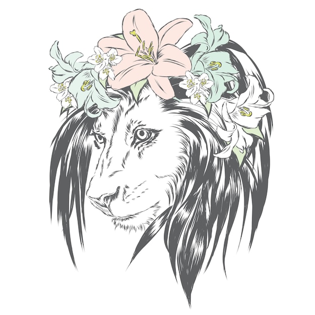 Plik wektorowy hipster lew w wieńcu kwiatów