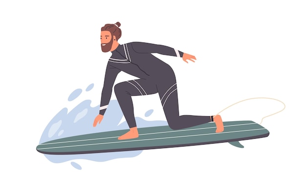 Plik wektorowy hipster mężczyzna surfer w kombinezon stojący jedno kolano na deskę surfingową jazda na fali wektor ilustracja płaskie. zawodowego sportowca uprawiania sportów ekstremalnych w wodzie morskiej lub oceanicznej na białym tle.