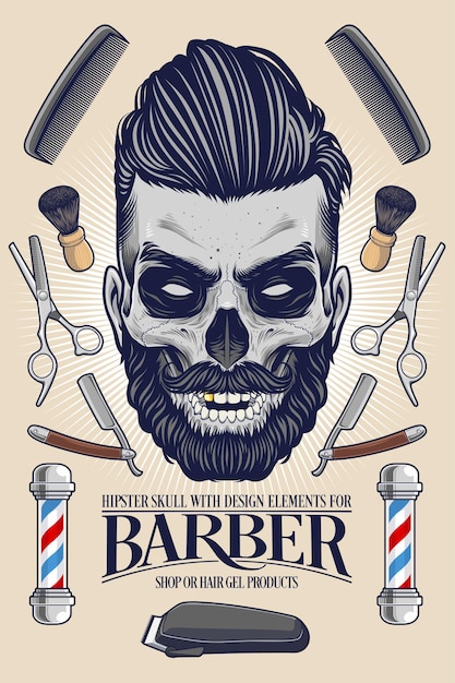 Hipster Skull with Barber Equipment