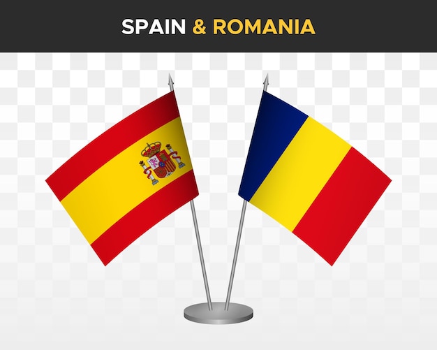 Hiszpania Vs Rumunia Flagi Biurko Makieta Na Białym Tle Ilustracja Wektorowa 3d Bandera De Espana