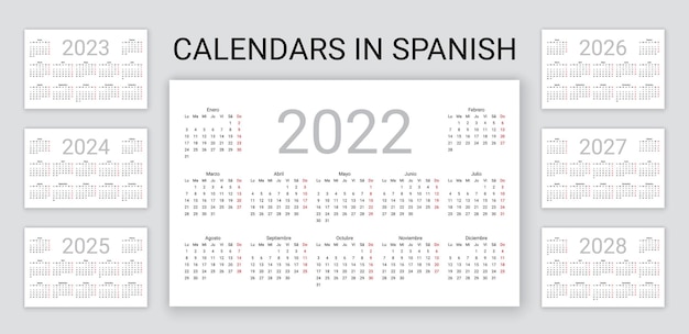 Hiszpański Kalendarz 2022, 2023, 2024, 2025, 2026, 2027, 2028 Lat. Prosty Szablon Kieszonkowy. Ilustracja Wektorowa.