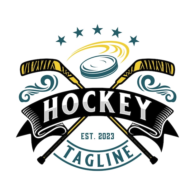 hokejowe logo sportowe z ozdobami w stylu vintage, idealne dla drużyn hokejowych