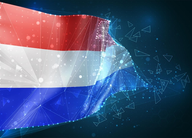 Holandia, Flaga, Wirtualny Abstrakcyjny Obiekt 3d Z Trójkątnych Wielokątów Na Niebieskim Tle