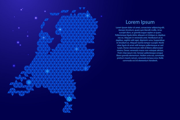 Holandia Mapa Abstrakcyjny Schemat Z Niebieskich Trójkątów Powtarzających Się Geometrycznie Z Węzłami I Gwiazdami Kosmicznymi Na Baner, Plakat, Kartkę Z życzeniami. .