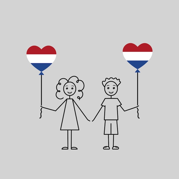 Holenderskie Dzieci Uwielbiają Holenderski Szkic Dziewczyny I Chłopca Z Balonami W Kształcie Serca Ilustracją Wektorową Czarną Linią