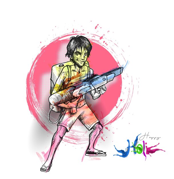 Holi Celebration Banner Boy Playing Holi With Gun Of Pichkari Vector Illustration