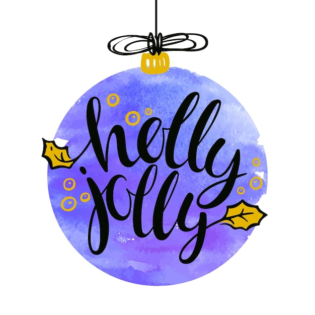 Holly Jolly Odręczny Plakat Typografii. Na Białym Tle Kaligrafia Na Fioletowym Tle Akwareli