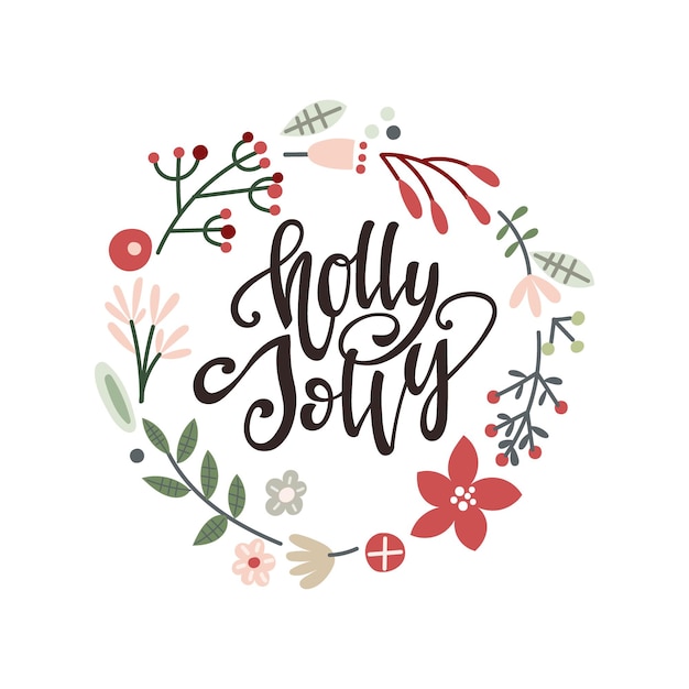 Holly Jolly Ręcznie Rysowane Napis Cytat Z Projektowania Kartkę Z życzeniami Wieniec Boże Narodzenie Ilustracja Wektorowa