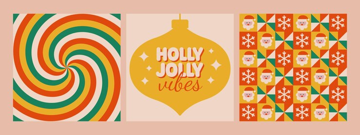 Wektor holly jolly vibes wzór frazy i twirl tło w retro hippie 70s stylu plakatów świątecznych