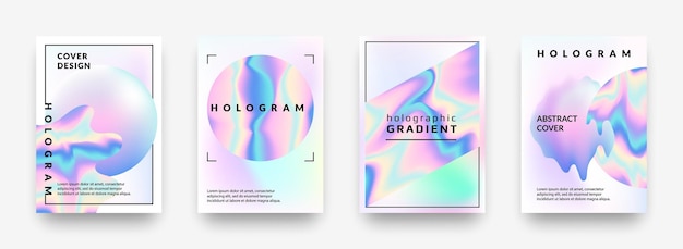 Holograficzne Plakaty Gradientowa Minimalna Opalizująca Folia Graficzna Siatka Neonowa Fioletowa Modny Efekt Z Lat 90. Wektor Streszczenie Hologram Okładka Kolekcja Perłowy Zestaw Poziomy Tła