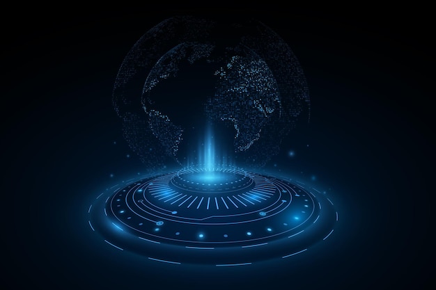 Holograficzny Cyfrowy świat Globus Z Hud Okrągły Hologram Mapa Ziemi Futurystyczna Planeta Z Efektami świetlnymi Globalna Sieć Technologiczne Tło Nauki Ilustracja Wektorowa