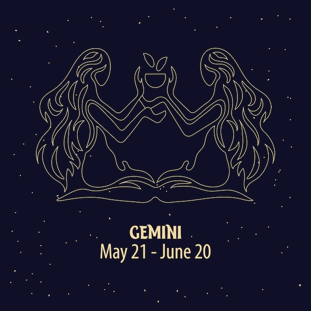 Horoskop, znak zodiaku Bliźnięta, złoty wzór na niebieskim tle gwiaździstego. Ilustracja, wektor
