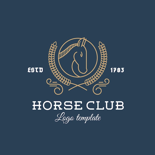 Horse Club Streszczenie Wektor Logo Szablon Styl Linii Z Typografią Ogier Głowa W Koło Laurowe Złoto I Biel Na Niebieskim Tle