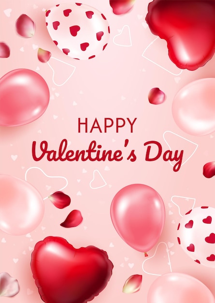 Horyzontalna Pocztówka Na święto Walentynek Z Balonami W Kształcie Serca I Płatkami Róży