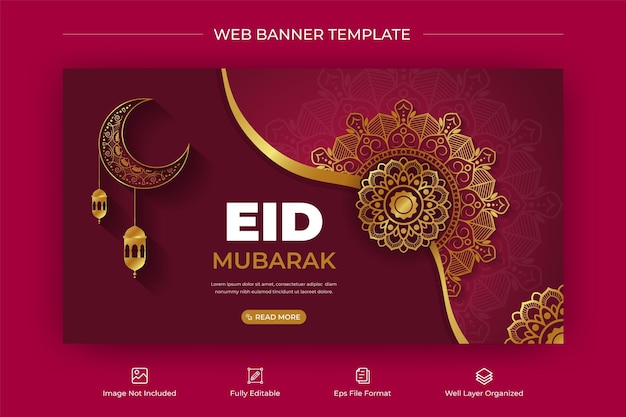 Plik wektorowy horyzontalny banner festiwalu eid mubarka z złotą mandelą i latarnią