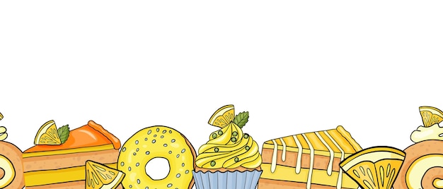 Plik wektorowy horyzontalny bezszwowy wzór krawędzi z lemonowym ciastem, pączkiem i cupcake'em