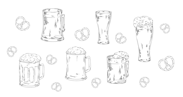 Horyzontalny bezszwowy wzór z kieliszkami piwnymi i bertzelem izolowanymi na białym tle Octoberfest vintage ilustracja zimnego napoju alkoholowego z przekąskami etykieta dekoracyjna pubu Ilustracja wektorowa