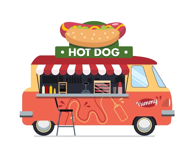 Hot Dog Food Truck - Grafika Dla Małych Firm. Nowoczesne Mieszkanie Wektor Koncepcja Street Food Truck.