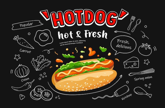 Hot Dog Wektor Gorące I świeże Jedzenie Rysunek Czarno-biały Projekt Plakatu