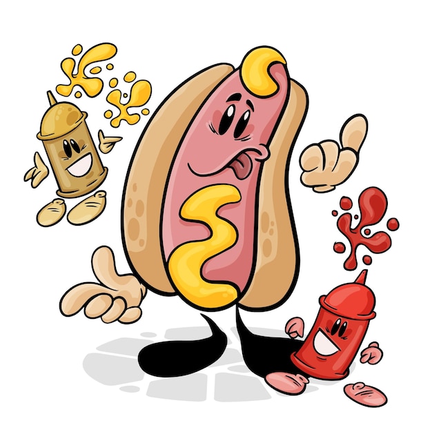 Hot Dog zabawny postać z kreskówki wektor na białym tle