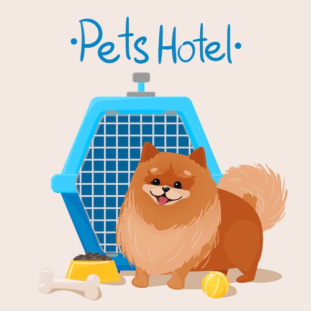 Hotel Dla Zwierząt. Szczęśliwy Pomeranian Obok Ilustracji Przewoźnika