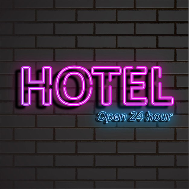 Hotel.neon, styl światła neonowego, czarne tło, typografia, cień