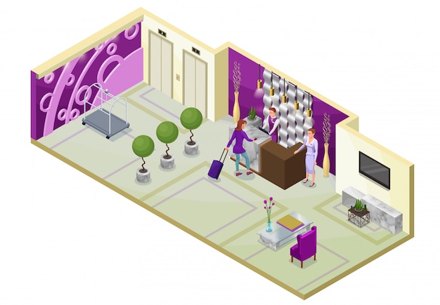 Hotelowa Isometric 3d Ilustracja Z Ludźmi