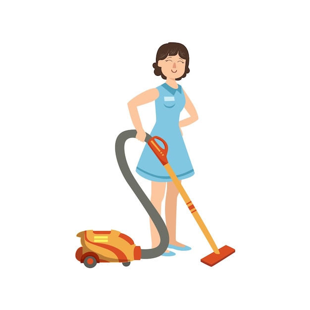 Hotelowa profesjonalna pokojówka czyszczenie podłogi za pomocą ilustracji Hoover