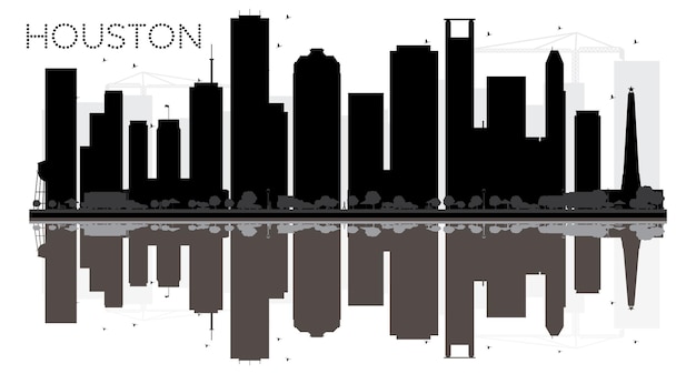 Houston City skyline czarno-biała sylwetka z odbiciami. Ilustracja wektorowa. Prosta koncepcja płaska do prezentacji turystyki, banera, afiszu lub strony internetowej. Pejzaż miejski z zabytkami.