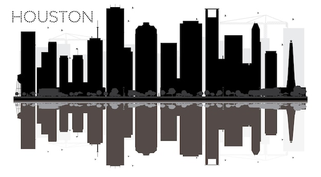 Plik wektorowy houston city skyline czarno-biała sylwetka z odbiciami. ilustracja wektorowa. prosta koncepcja płaska do prezentacji turystyki, banera, afiszu lub strony internetowej. pejzaż miejski z zabytkami.