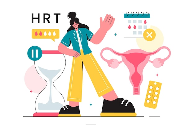 HRT lub terapia zastępcza hormonów Akronim Ilustracja wektorowa z leczeniem i lekami hormonalnymi w opiece zdrowotnej Płaskie tło kreskówki