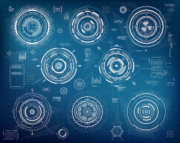 HUD futurystyczny infografika okrągłe elementy, interfejs sieciowy i biznesowe dane wizualne, wektor. Wykresy technologii HUD i elementy cyfrowe ekranu interfejsu użytkownika, diagramy wykresów na wirtualnym wyświetlaczu deski rozdzielczej