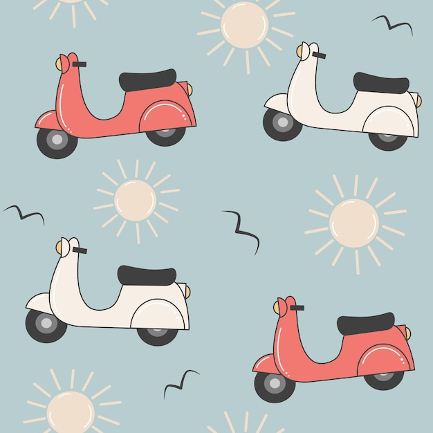 hulajnoga bezszwowa deseniowa ilustracja z sylwetką słońca i ptaków