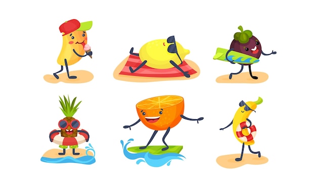 Plik wektorowy humanizowany pomarańczowy banan, anana, owoc namiętności, cytryna i śliwka, zrelaksuj się na plaży, graj w siatkówkę, jeździj na surfingu, ilustracja wektorowa na białym tle