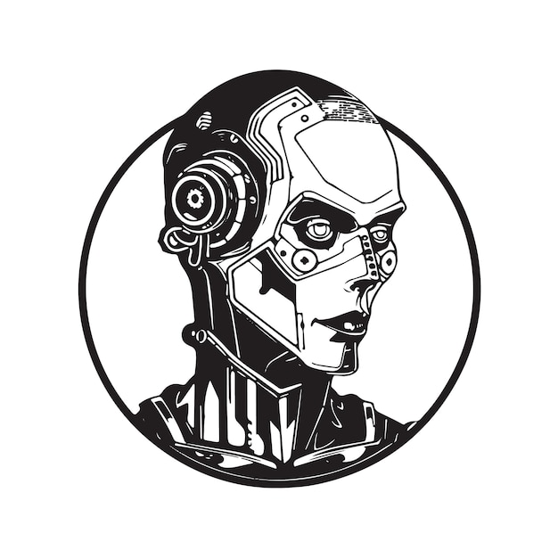 Humanoidalny Cyborg Vintage Logo Grafika Liniowa Koncepcja Czarno-biały Kolor Ręcznie Rysowane Ilustracja