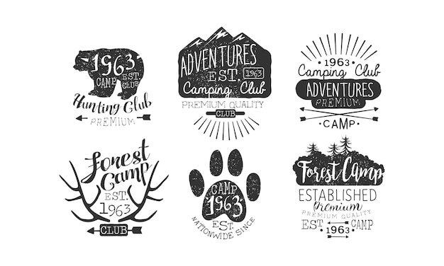 Hunting Club Adventures Premium Retro Labels Set Forest Camp Emblems Ilustracja Wektorowa