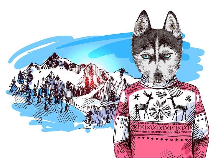 Wektor husky w sweter z dzianiny w górach ilustracja wektorowa na plakat z życzeniami lub nadruk na ubraniach fashion style rysunek hipster