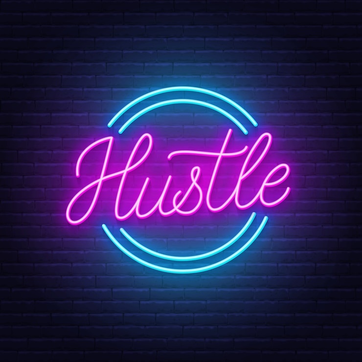 Wektor hustle neon cytat na tle ściany z cegły.