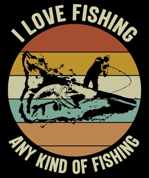 I Love Fishing Każdy Rodzaj Wędkarstwa Retro Vintage Tshirt Z Czarnym Tłem