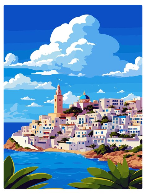 Ibiza Hiszpania Vintage plakat podróżniczy Pamiątkowa pocztówka Portret Malarstwo WPA Ilustracja