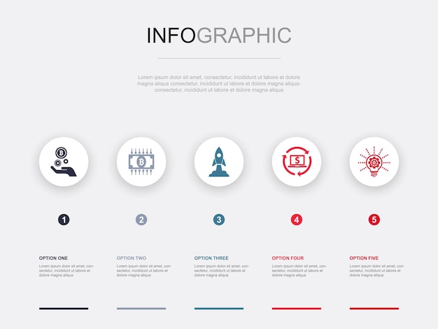 Ico Kryptowaluta Startup Ikony Innowacji Gospodarki Cyfrowej Infograficzny Szablon Projektu Koncepcja Kreatywna Z 5 Krokami