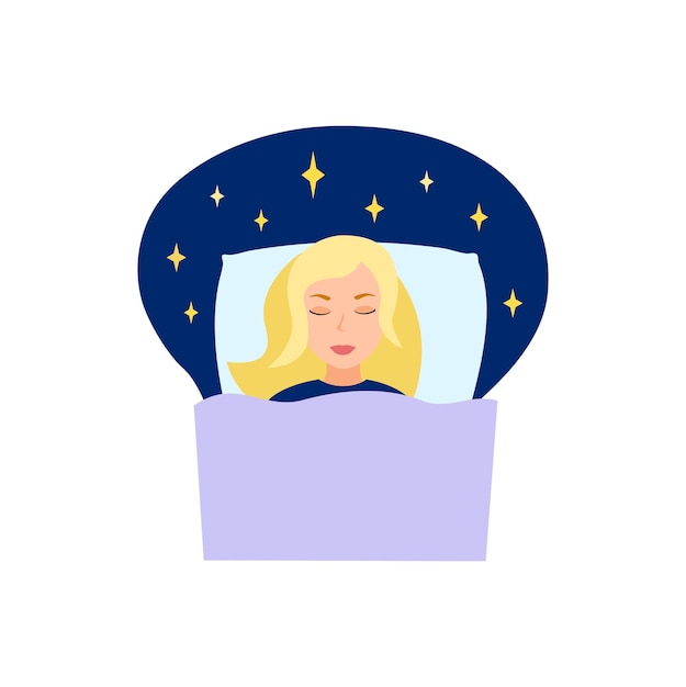 Idź do łóżka Stylizowany portret śpiącej dziewczyny w łóżku Ikona clipart na stronie o zdrowiu
